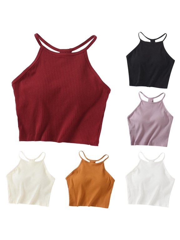 Tank Tops for Women, Women's Solid Threaded Chest Pad Navel Strap Hanging Neck Bra Thin Shoulder Cup Integrated Sports Top Red XL