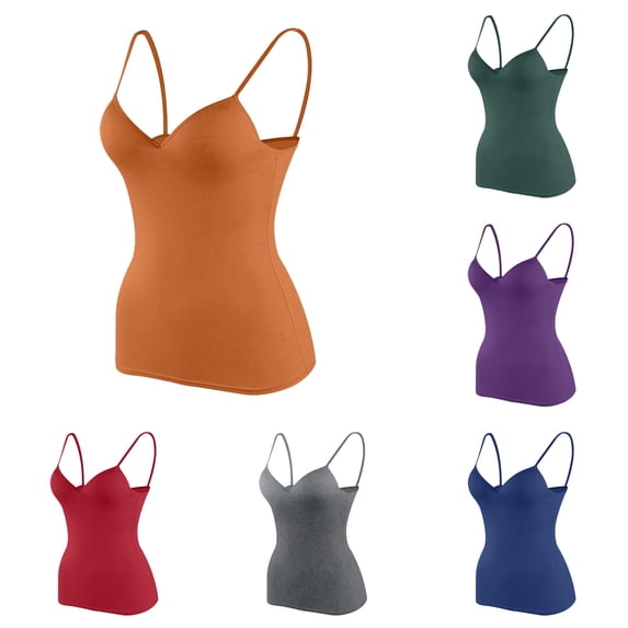 Tanghaowl Tank Tops for Women, Women's Tanks Shelf Bra Camisoles Adjustable Spaghetti Strap Tank Tops Basic Layer Orange M