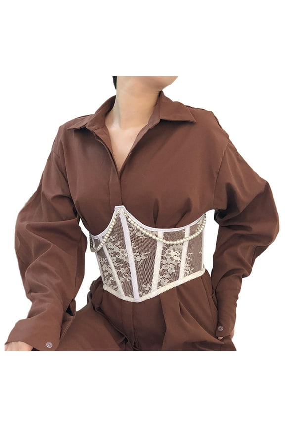 Women Pearl Lace Back Lace Up Underbust Shapewear Underwear Corset Spanks for Dresses