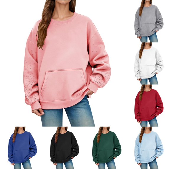 Tanghaowl Women Sweatshirt Relaxed Fit Crew Neck Long Sleeve Sweatshirt Casual Top for Everyday Comfortable Wear Pink L