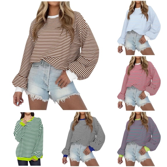Tanghaowl Women Sweatshirt Trendy Women Striped Color Block Long Sleeve Crew Neck Pullover T Shirt with Fashionable Design Khaki S