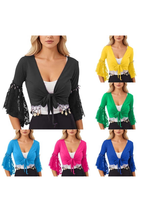 Women's Cardigans Elegant Fringe Lace Dance Top And Short Cardigan Sleeves For Women Black S