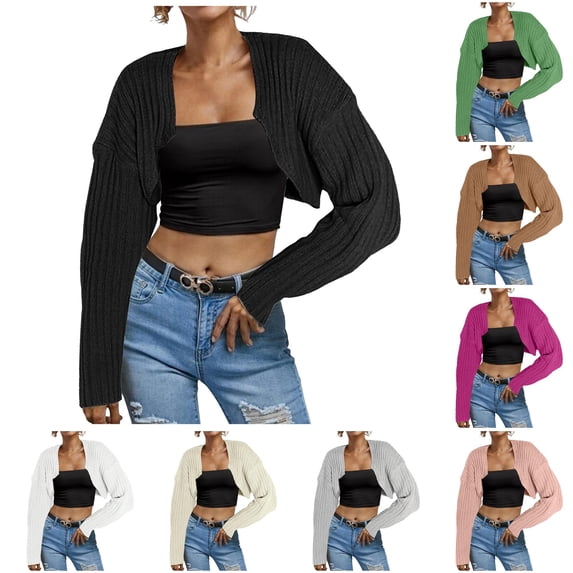Tanghaowl Women's Cardigans Women Long Sleeve Open Front Ribbed Knit Crop Cardigan Solid Loose Drop Shoulder Sweater Top Black XL