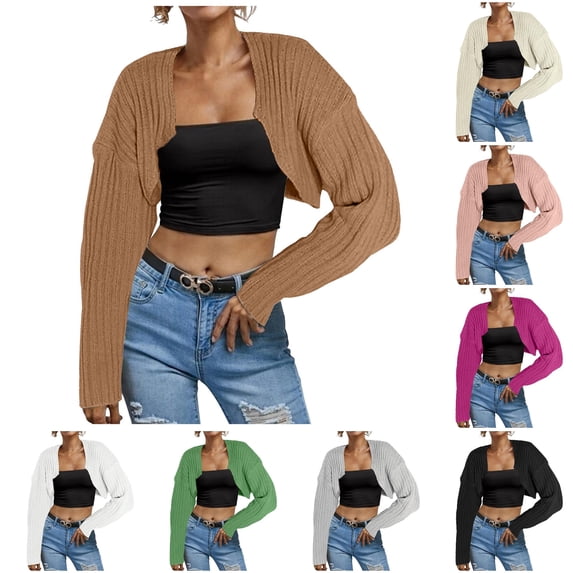 Tanghaowl Women's Cardigans Women Long Sleeve Open Front Ribbed Knit Crop Cardigan Solid Loose Drop Shoulder Sweater Top Brown L