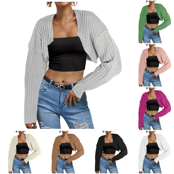 Tanghaowl Women's Cardigans Women Long Sleeve Open Front Ribbed Knit Crop Cardigan Solid Loose Drop Shoulder Sweater Top Silver L