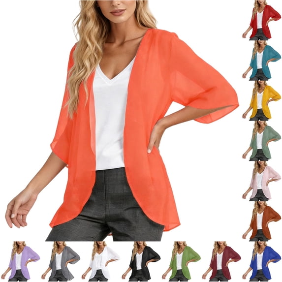 Tanghaowl Women's Cardigans Womens Solid Elegant Puff Sleeve Chiffon Cardigan Loose Cover Up Casual Blouse Tops Orange XXXL