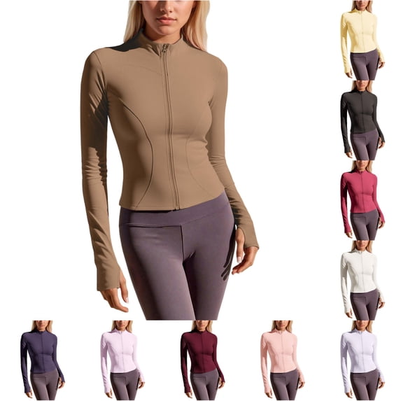 Tanghaowl Women's Casual Jackets Lightweight Yoga Jacket with Stretchy Fit and Breathable Hoodie Khaki XL