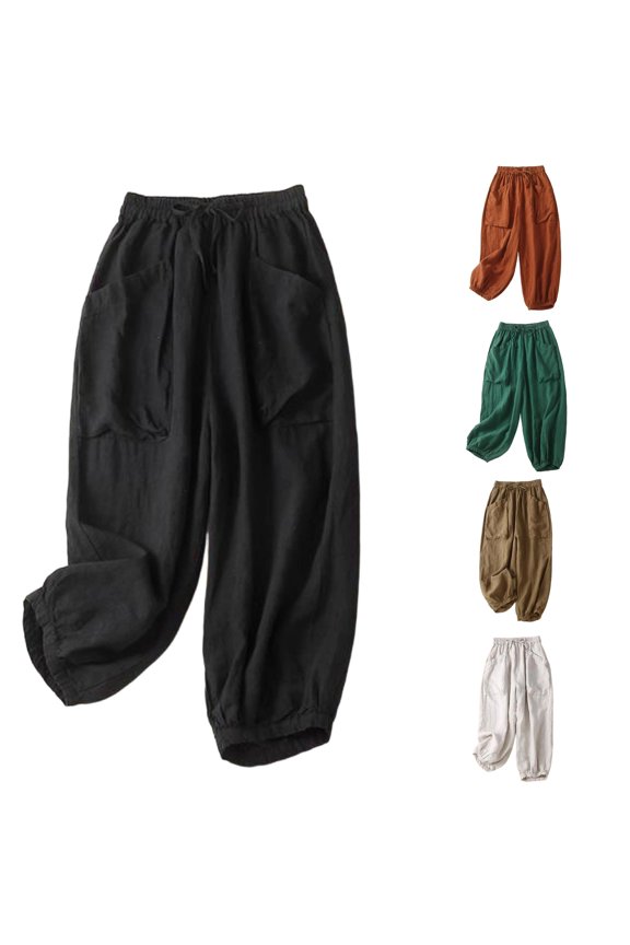 Women's Pants, Casual Harem Pants Blend Cropped Trousers With Elastic Waist and Side Pockets Comfort Loose Fit Relaxed Ankle Length Women's Casual Bottoms Black XL