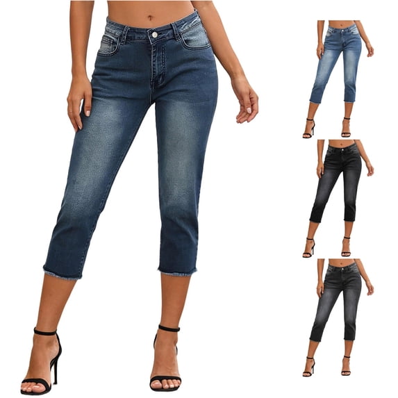 Tanghaowl Women's Pants, Women Fashion Capri Jeans Stretchy Distressed Washed Straight Leg Denim Pants Dark Blue L
