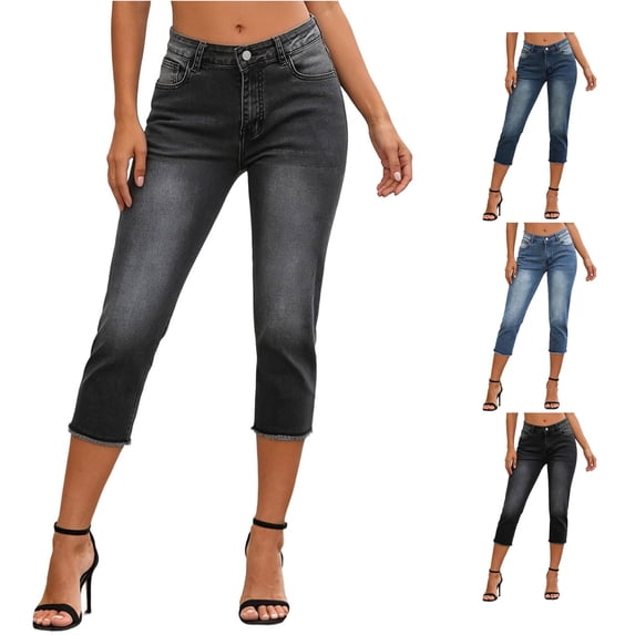 Tanghaowl Women's Pants, Women Fashion Capri Jeans Stretchy Distressed Washed Straight Leg Denim Pants Grey M