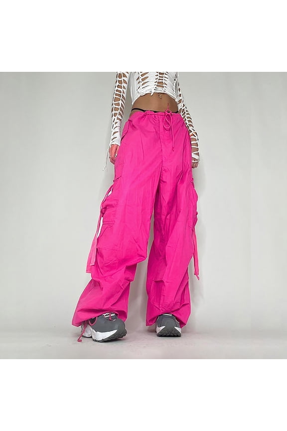 Women's Pants, Women Loose Cargo Pants Low Waist Wide Leg Baggy Trousers With Pockets Streetwear Punk Casual Hot Pink S