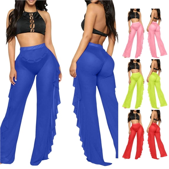 Tanghaowl Women's Pants, Women Mesh Ruffle Trim Cover Up Pants Beach Wrap Bikini Shiny Covers For Swimwear Casual Blue S