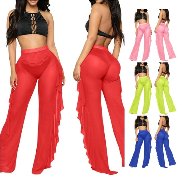 Tanghaowl Women's Pants, Women Mesh Ruffle Trim Cover Up Pants Beach Wrap Bikini Shiny Covers For Swimwear Casual Red M