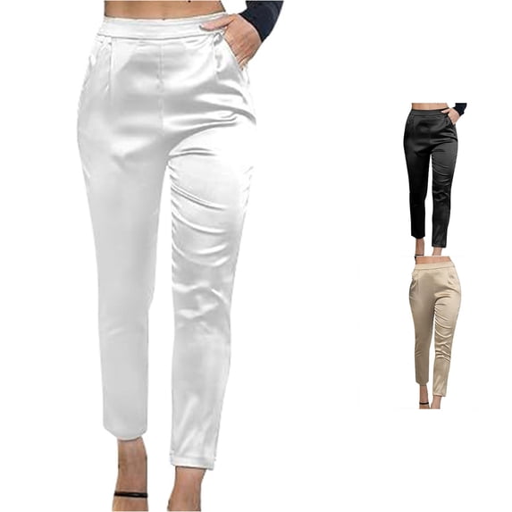 Tanghaowl Women's Pants, Women's Satin Casual Elastic High Waist Stretch Elegant Dress Pants Trousers White M