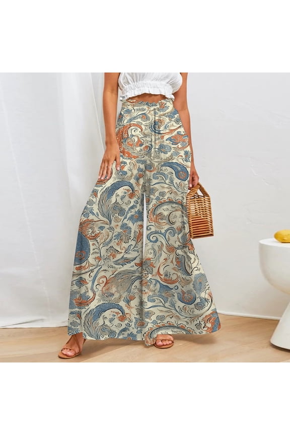 Women's Pants, Womens Wide Leg Palazzo Pants Boho Floral Summer Beach Culottes Flowy Casual Trousers Light Green XL