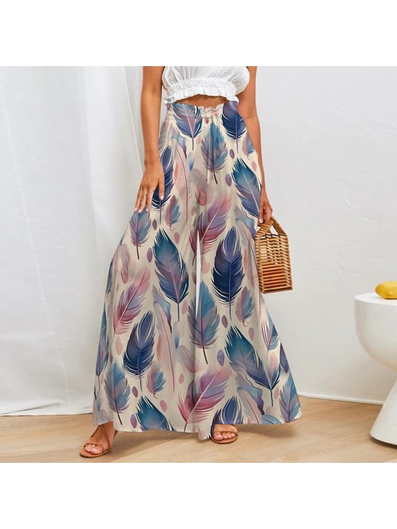 Women's Pants, Womens Wide Leg Palazzo Pants Boho Floral Summer Beach Culottes Flowy Casual Trousers Light Pink XL