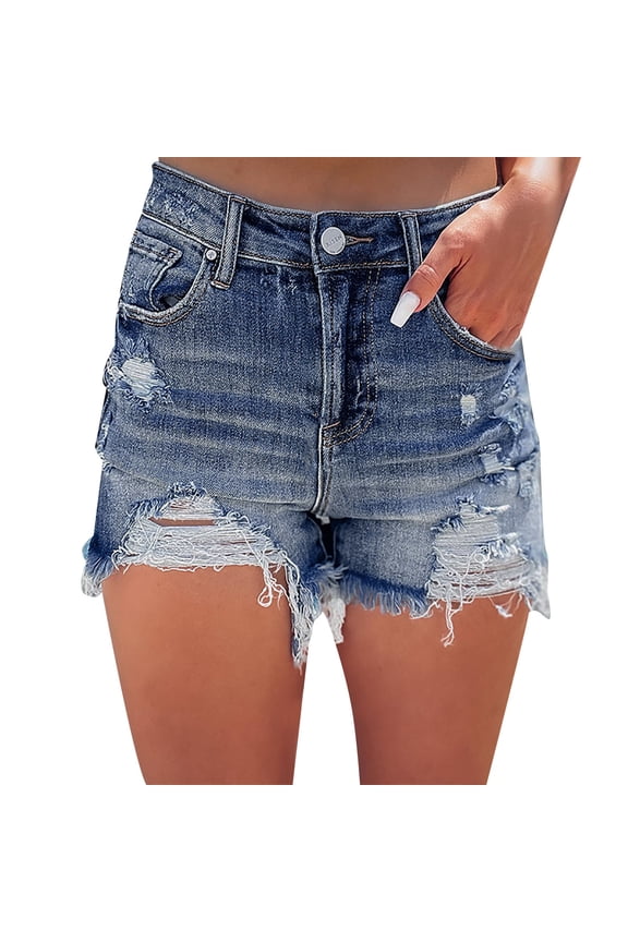 Women's Shorts Ladies Style High Street Girl High Waist Ripped Edge Hot Pants Shorts Light Blue S