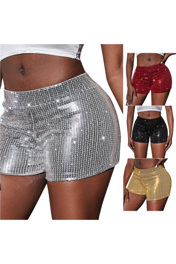 Women's Shorts, Women High Waist Casual Hot Pants Elastic Sequins Bar Performance Clothing Shorts Silver M