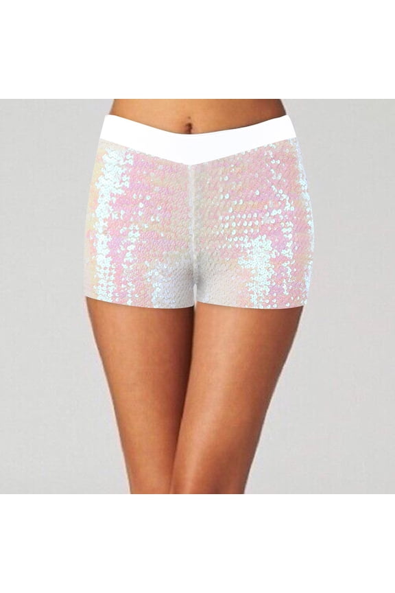 Women's Shorts, Women Sequins Disco Hot Pants Shiny Glitter Jazz Stretch Dance Shorts White XXL