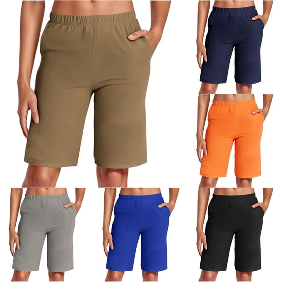 Tanghaowl Women's Shorts, Women's Casual Stretch Shorts for Everyday Comfort with Elastic Waistband and Pockets — Basic Solid Color Summer Khaki XL