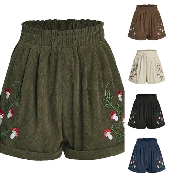 Tanghaowl Women's Shorts, Women's Embroidery Corduroy Shorts Elastic Waist Straight Leg Casual Summer Bottoms Army Green L