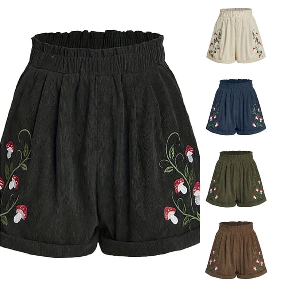 Tanghaowl Women's Shorts, Women's Embroidery Corduroy Shorts Elastic Waist Straight Leg Casual Summer Bottoms Black XXL
