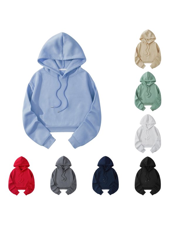 Women's Sweatshirt Casual Solid Hooded Loose Sweatshirt Strap Split Long Sleeve Crop Top with Soft Material Blue M