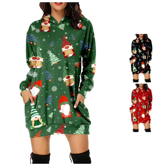 Tanghaowl Women's Sweatshirt Christmas Print Long Hoodie Casual Hoodie Dress for Holiday Comfort and Style Green M