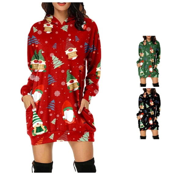 Tanghaowl Women's Sweatshirt Christmas Print Long Hoodie Casual Hoodie Dress for Holiday Comfort and Style Red XXL