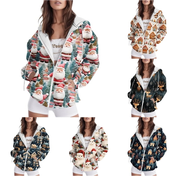 Tanghaowl Women's Sweatshirt New Comfortable Fashionable Color Block Christmas Printed Zipper Top Hooded Sweater with Cozy Warm Lining Pink L