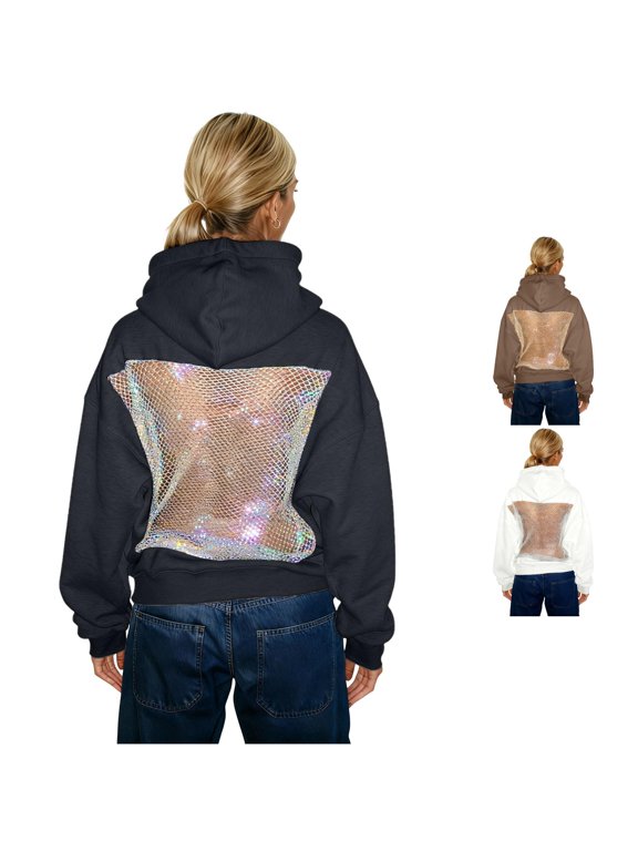 Women's Sweatshirts Autumn Winter Hooded Sweatshirt Fashion Solid Color Backless Cutout Mesh Pullover Casual Streetwear Top Black XXL