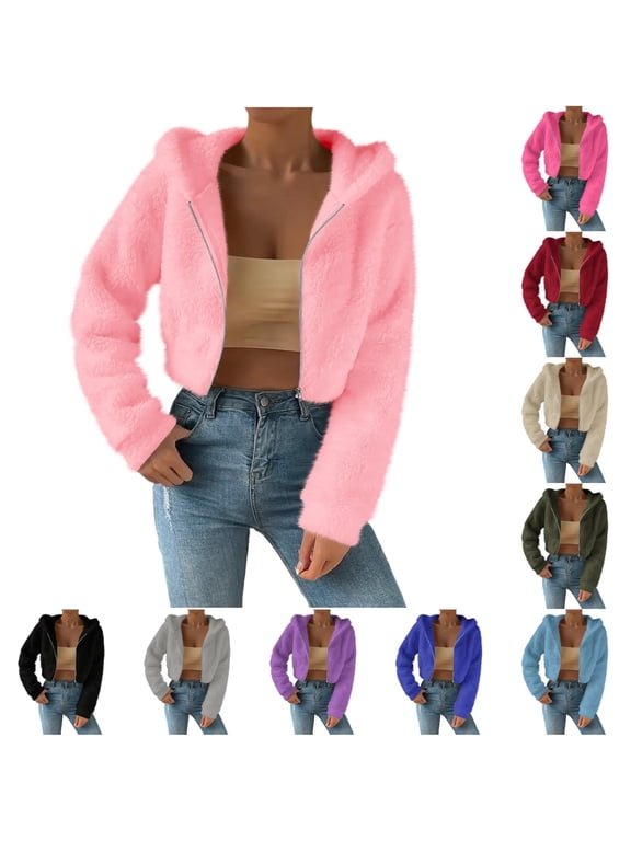 Women's Sweatshirts Fuzzy Cropped Jacket Zip Up Long Sleeve Solid Color Hooded Sweatshirt Fall Fashion Soft Hoodies Light Pink XXL