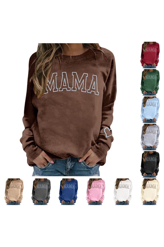 Women's Sweatshirts Mama Oversized Crewneck Sweatshirt Embroidered Shirt Funny Letter Print Long Sleeve Pullover Tops Brown S