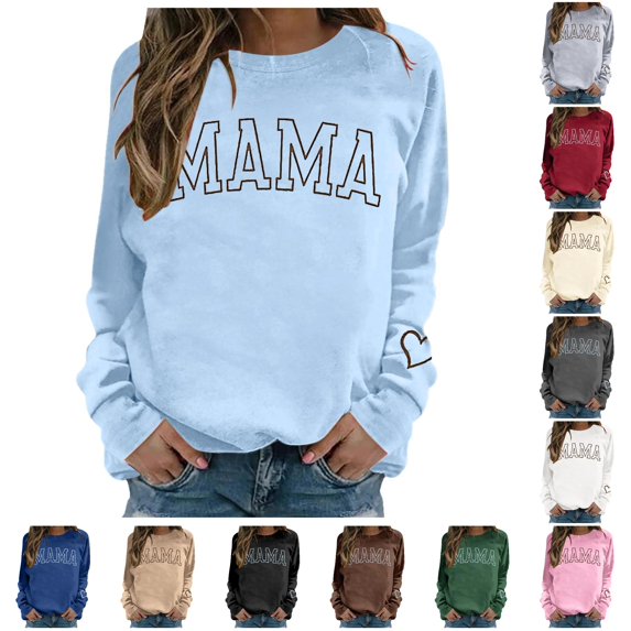Tanghaowl Women's Sweatshirts Mama Oversized Crewneck Sweatshirt Embroidered Shirt Funny Letter Print Long Sleeve Pullover Tops Sky Blue XL