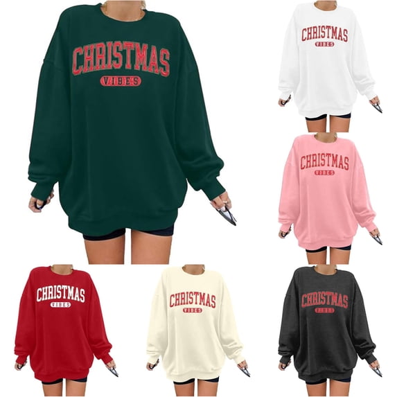 Tanghaowl Women's Sweatshirts Print Casual Crewneck Pullover Sweatshirt Festive Holiday Cozy Soft Warm Top for Winter Outfit Fashion Dark Green L