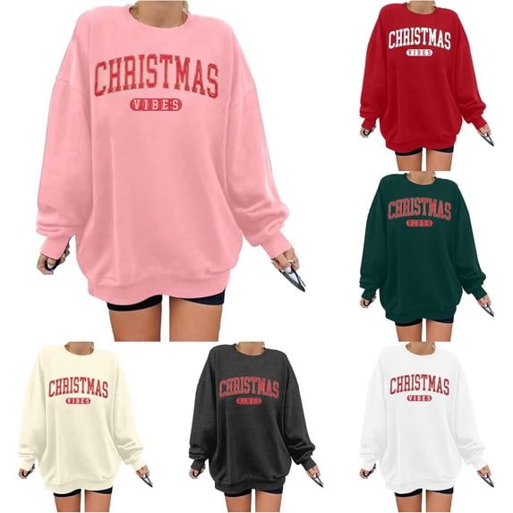 Tanghaowl Women's Sweatshirts Print Casual Crewneck Pullover Sweatshirt Festive Holiday Cozy Soft Warm Top for Winter Outfit Fashion Pink M