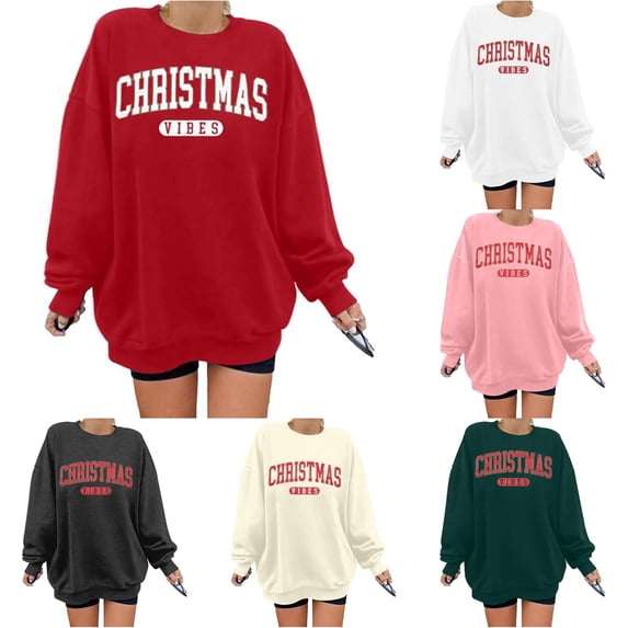 Tanghaowl Women's Sweatshirts Print Casual Crewneck Pullover Sweatshirt Festive Holiday Cozy Soft Warm Top for Winter Outfit Fashion Red L