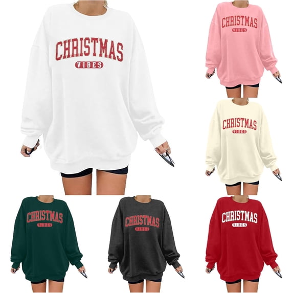 Tanghaowl Women's Sweatshirts Print Casual Crewneck Pullover Sweatshirt Festive Holiday Cozy Soft Warm Top for Winter Outfit Fashion White S