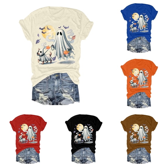 Yuhangmm Womens Halloween Shirt Ladies Fashionable Casual Halloween Printed Short Short Sleeved T Shirt Top for Parties Beige M
