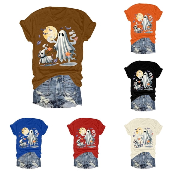Yuhangmm Womens Halloween Shirt Ladies Fashionable Casual Halloween Printed Short Short Sleeved T Shirt Top for Parties Coffee XL