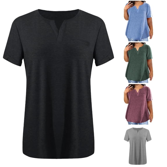 Tanghaowl Womens Summer Tops Plus Size Tops Versatile V Neck Solid Color Short Sleeve Pocket Relaxed Fit T Shirt for Women Black XXXL