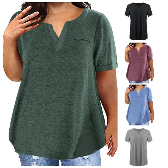 Tanghaowl Womens Summer Tops Plus Size Tops Versatile V Neck Solid Color Short Sleeve Pocket Relaxed Fit T Shirt for Women Green XXXL