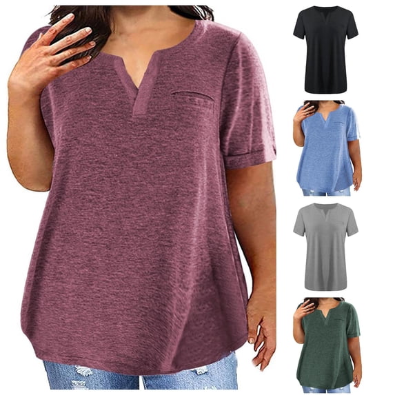 Tanghaowl Womens Summer Tops Plus Size Tops Versatile V Neck Solid Color Short Sleeve Pocket Relaxed Fit T Shirt for Women Red XXXXL