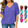 thumbnail image 1 of Tanghaowl Womens T Shirts, Class Women's T-Shirts V-Neck Summer Casual Loose Solid Color Bat Wing Shirt Soft Ribbed Short Sleeve Basic Purple L, 1 of 5