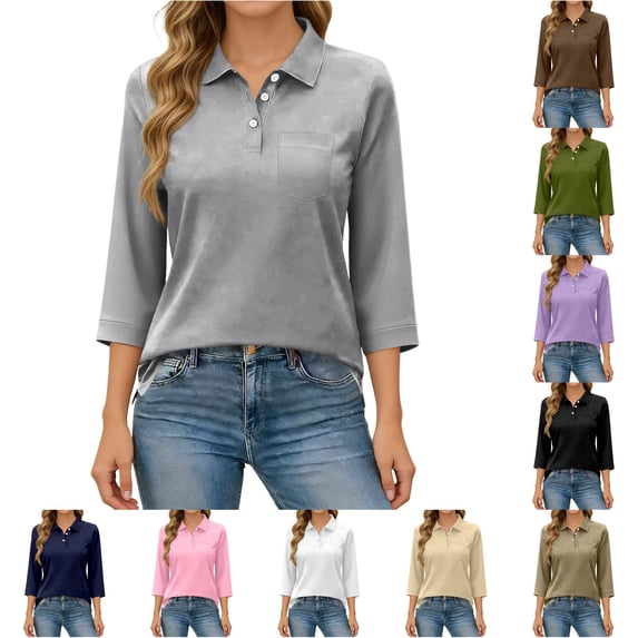 Tanghaowl Womens T Shirts, Elegant V-Neck Tunic Top with 3/4 Sleeves and Front Pockets for Everyday Wear – Lightweight Casual Blouse Grey S