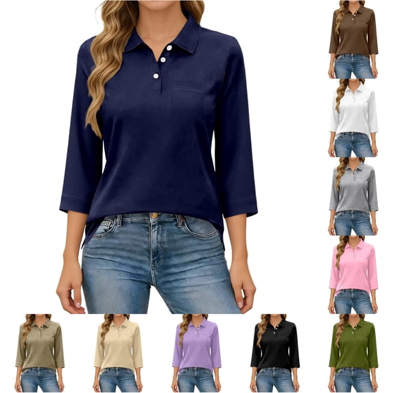 Tanghaowl Womens T Shirts, Elegant V-Neck Tunic Top with 3/4 Sleeves and Front Pockets for Everyday Wear – Lightweight Casual Blouse Navy XXXL