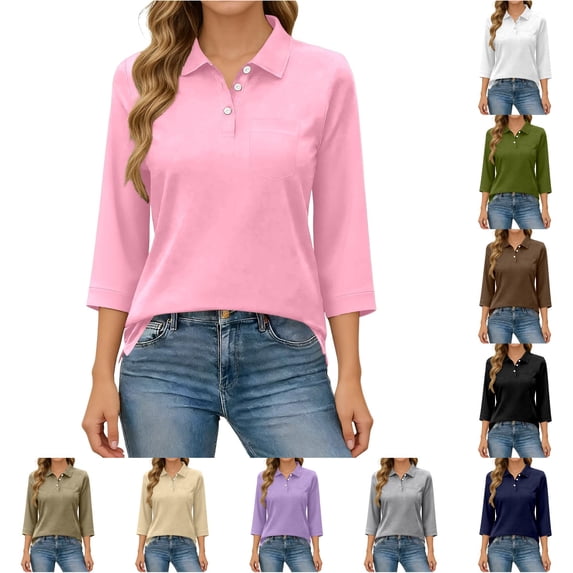 Tanghaowl Womens T Shirts, Elegant V-Neck Tunic Top with 3/4 Sleeves and Front Pockets for Everyday Wear – Lightweight Casual Blouse Pink S