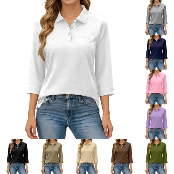 Tanghaowl Womens T Shirts, Elegant V-Neck Tunic Top with 3/4 Sleeves and Front Pockets for Everyday Wear – Lightweight Casual Blouse White M