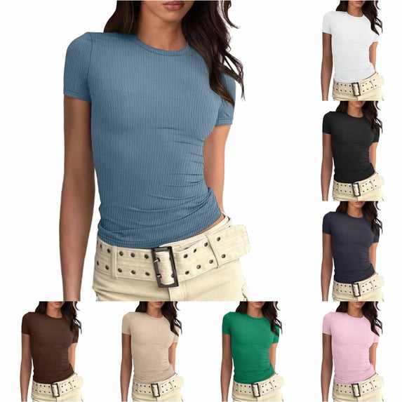 Tanghaowl Womens T Shirts, Fashion Tops For Women Fitted Short Sleeve Basic Tee Slim Fit Shirts Blue M
