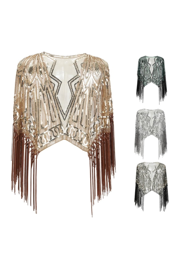 Womens T Shirts, Flapper Women's 1920s Sequin Beaded Cape Shawl Evening Cover Up Blouse Gold One Size